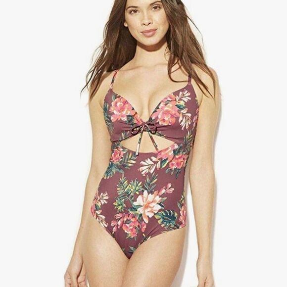 Nwt Shade & Shore Burgundy Floral Swimsuit - Picture 1 of 13